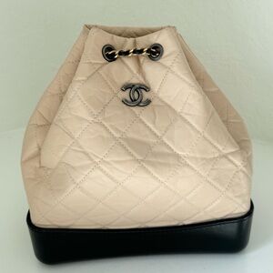 Chanel Gabrielle Backpack - Beige / Black - Age Quilted Calfskin